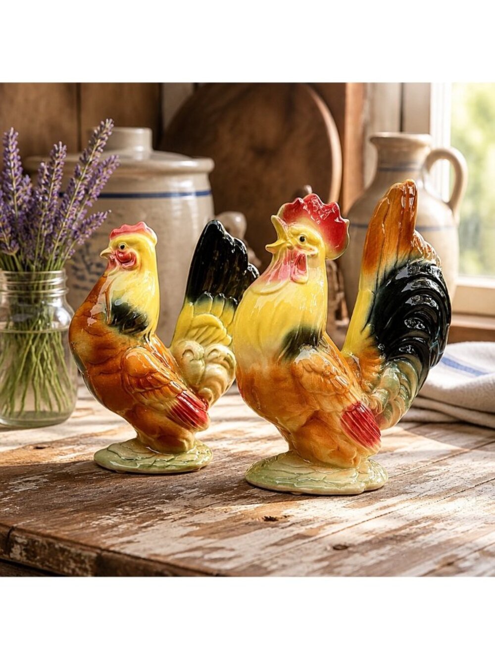 Vintage Ceramic Rooster & Hen Figurines - Hand-Painted Farmhouse Decor -